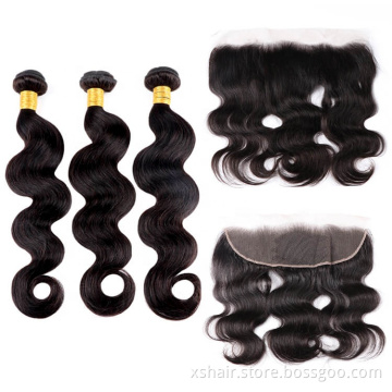 Xushang remy body wave hair  10A grade virgin human hair bundles+4x4 lace closure unprocessed raw human hair weaves
